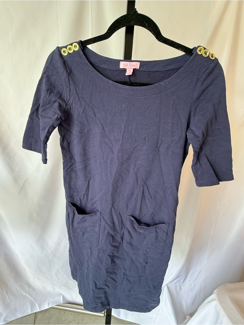 Lilly Pulitzer Women’s XS Lilah Shift Dress Navy Pockets Gold Buttons